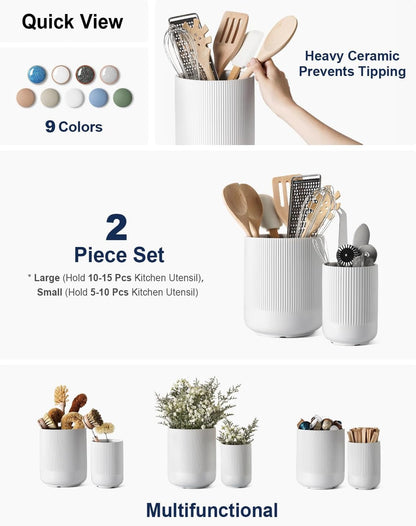 Utensil Holder for Kitchen Counter, 7.3"+5.4" Fluted Ceramic Utensil Crock Organizer for Countertop, Heavy Large Holder for Spatulas, Spoons, Set of 2, White, Kitchen Counter Decor2