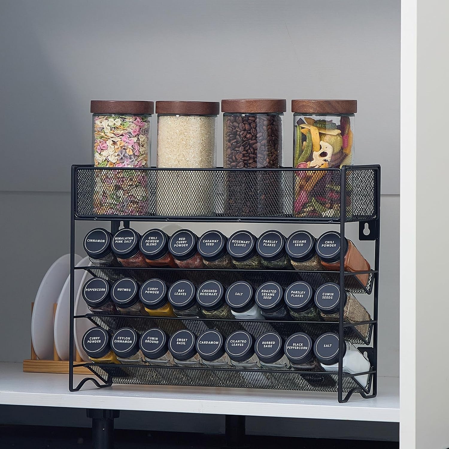 spice-rack-organizer-with-27-spice-jars-with-black-lids