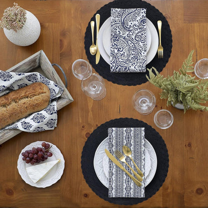 round Placemats Set of 4 Boho Braided Border 15 Inch Circle Place Mats Washable Fabric Table Mats for Kitchen Dining Table, Black5