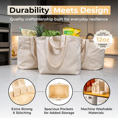 Canvas Grocery Bag 3Pc XL Set with Real Pockets, Long Shoulder Strap and Short Handle. Heavy Duty, Foldable, Washable3