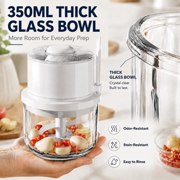 Electric Garlic Chopper 350ML, Portable USB Rechargeable Veggie Chopper | Glass Bowl Mini Food Processor, Wireless Garlic Grinder Masher Onion Chopper for Ginger, Chili, Fruit, Meat, Etc2
