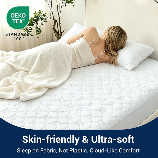 100% Waterproof Mattress Protector Queen Size, Ultra-Soft Breathable Noiseless Mattress Pad with Deep Pocket 6"-18" Depth, Oil & Stain Resistant Bed Wetting Mattress Cover Washable (White)6