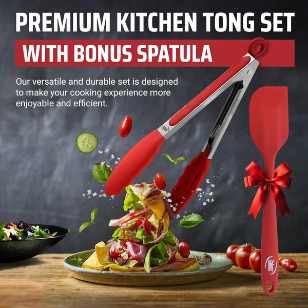 Kitchen Tongs for Cooking Grilling Set of 4, BBQ Grill Tongs with Silicone Tip Stainless Steel Heat Resistant, Non-Stick Pull Lock, Incl 7, 9, 12 Inch Tong plus a Silicone Spatula7
