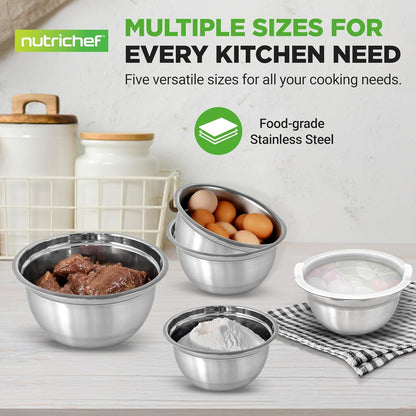 10 Piece Stainless Steel Mixing Bowls with Lids Set, Dishwasher Safe, 5 Stackable Nesting Bowls and 5 Bpa-Free Lids for Kitchen, Cooking, Food Storage, Meal Prepping, Mixing & Serving5