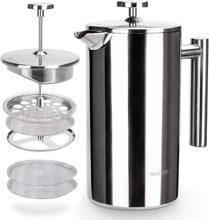 French Press Coffee Maker, 304 Grade Stainless Steel Insulated Coffee Press with 2 Extra Screens, 34Oz (1 Litre), Silver1