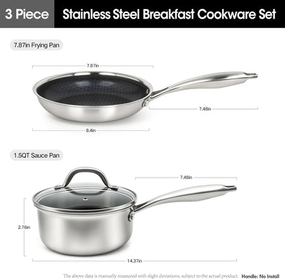 3Pcs,Stainless Steel Pots and Pans Set Non Stick Ceramic Cookware Set,1.5Qt+7.87In Non-Toxic Kitchen Cooking Set, Compatible Gas,Induction Dishwasher Safe (PFOS, PFOA Free) 3PCS Set2