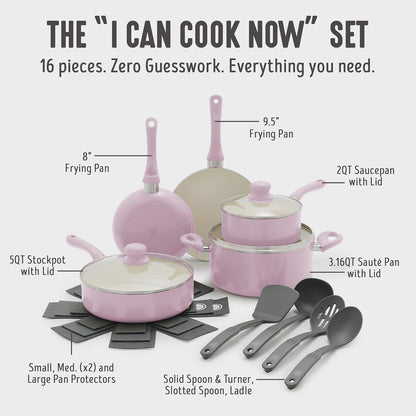 16Pc Ceramic Nonstick Pots & Pans Cookware Set, Blush Pink | Pfas-Free Nonstick Coating, Stockpot, Frying Pans, Saucepan, Sauté, Induction Ready, All Stovetop Compatible, Dishwasher Safe4