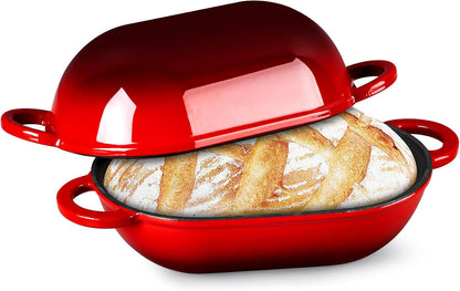 Enameled Cast Iron Bread Loaf Pan, 2 QT Oval Dutch Oven with Lid | for Sourdough Bread Baking, Enameled Meatloaf Loaf Baking Pan with Lid, Even Heat Distribution & Self-Basting, Red1
