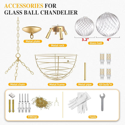 Swirled Bubble Glass Chandelier, Gold and Clear, Dia 20"6