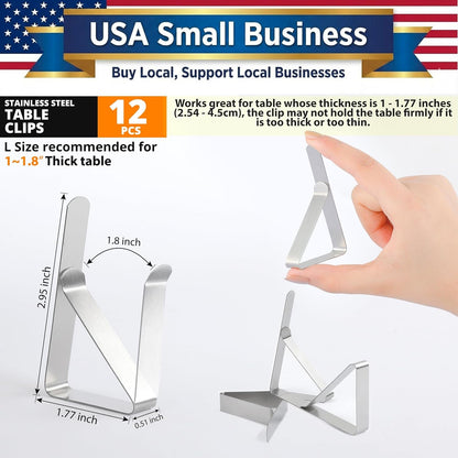 Tablecloth Clips [USA Based Brand] - 12 Pack Stainless Steel | Rust Proof Table Clips for Home, Restaurants, Picnic, Party, Dining Tables - Fits up to 1.8 Inch Thick Tables2