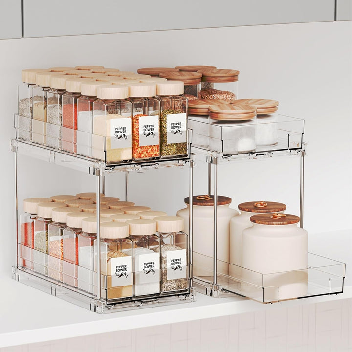 2 Pack 2 Tier Vertical Spice Rack Pull Out,10.4'' Deep Narrow Slide Out Spice Rack Organizer for inside Cabinets,Kitchen,Pantry,Cupboard Seasoning,Can,Jar Organizer and Medicine Cabinet Storage