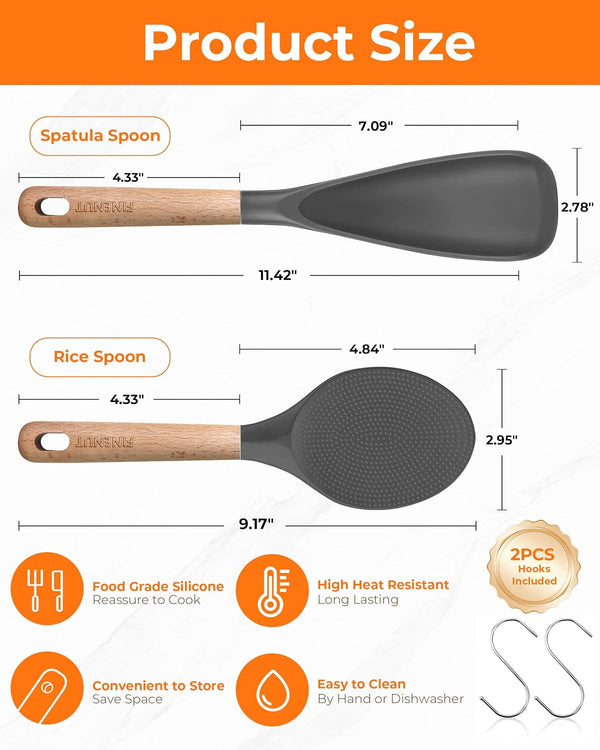 Cooking Spoon Multifunction Spoonula Silicone Spatula Spoon 2-Pack, Dual-Use Heat Resistant 446°F, Bpa-Free Non-Toxic Wooden Handle Rice Spoon Set for Non-Stick Cookware & Rice Cookers3