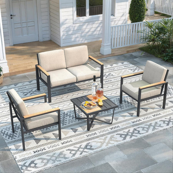 4-Piece Patio Furniture Set with Wood-Like Arms-Taupe1