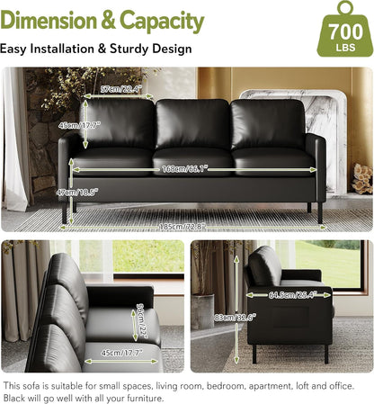 72'' Black Faux Leather 3-Seater Couch with USB, Small Sofa for Living Room2