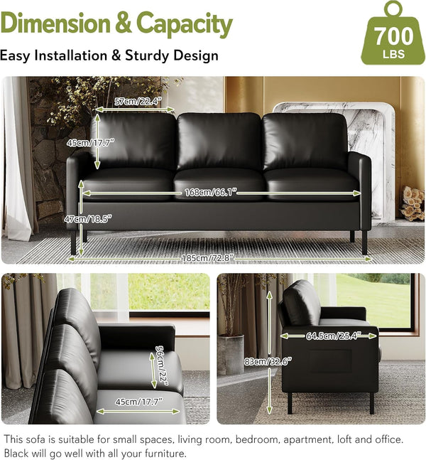 72'' Black Faux Leather 3-Seater Couch with USB, Small Sofa for Living Room2