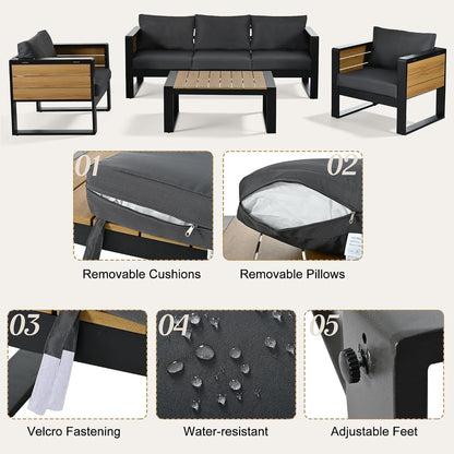 Large 4-Piece Outdoor Patio Furniture Set for 5 Person, 3-Seater Sofa, 2 Armchairs with Fold-Out Side Tables, Aluminum Frame & Plastic-Wood, Modern Garden/Patio Seating, Grey Cushions4