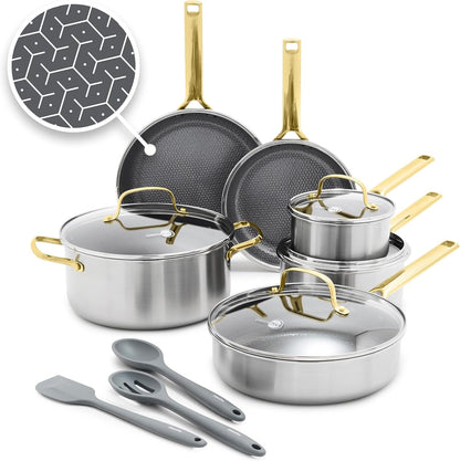 Hybrid APEX 13 Piece Stainless Steel Ceramic Nonstick Cookware Set | Tri-Ply Pots & Pans, Pfas-Free Thermobond Nonstick, Induction & All Stovetop Compatible, Dishwasher & Oven Safe to 850F, Gold1