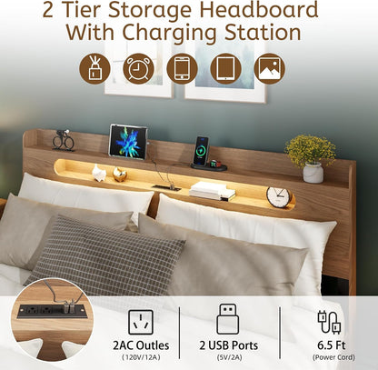 King Size Wood Bed Frame with 2-Tier Shelf Headboard, Walnut5
