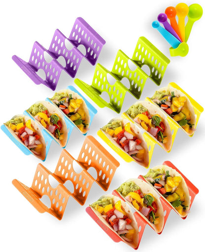 Taco Holder Stand Set of 6, Taco Shell Holders for 3 Tacos, Taco Rack Tray |  Taco Stands for Soft/Hard Shells, Colorful Large Taco Rack Plates Set of 4/6/12, Microwave & Dishwasher Safe1