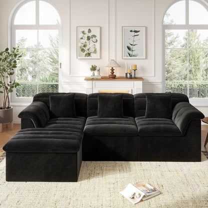 112" Modular Cloud Sectional Couch with Ottoman, Modern Upholstered Compressed Sofa with Deep Seat, Comfy L-Shape Corduroy Couches for Living Room, No Assembly Required, Black1