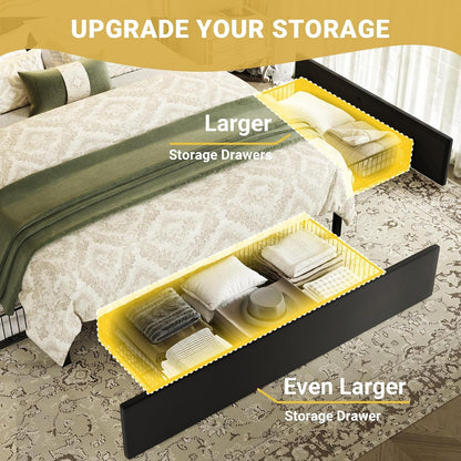 Queen Upholstered Platform Bed Frame with 3 Spacious Storage Drawers, Built-In LED Lights & Charging Station, Vertical Tufted Headboard with Shelf, No Box Spring Needed, Velvet Black4