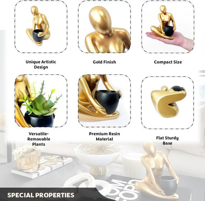 Modern Abstract Statue with Removable Faux Succulents Plants – Resin Figurine Home Decor Accents, Coffee Table Shelf Styling. Collectible Art Luxury Gift Items Woman Thinker Sculpture (Gold)5