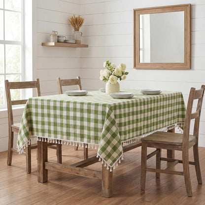 Checkered Tablecloth Rectangle, Linen Cotton Gingham Table Cloth with Tassel, Washable Buffalo Plaid Table Cover Wrinkle Free for Kitchen, Dining and Picnic - 55 X 84 Inch, Sage Green8