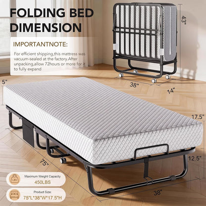 Folding Bed with Memory Foam Mattress, Portable Rollaway Guest Beds on Wheels, 75"X38" Twin Size Space-Saving Cot-Size Bed for Adults with Easy Assembly Metal Frame (Grey)2