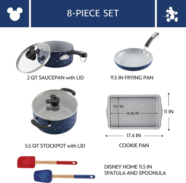 Disney Bon Voyage Ceramic Nonstick Pots and Pans Set with Baking Sheet/Cookie Pan and Disney Home Kitchen Tools, 8 Piece Non Stick Cookware Set - Blue3