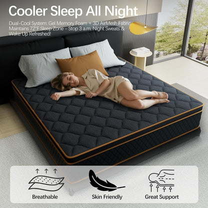 12 Inch King Size Mattress in a Box,Gel Hybrid Memory Foam Individually Wrapped Pocket Springs for Motion Isolation,Pressure Relief,Certipur-Us,Medium Firm-Black7
