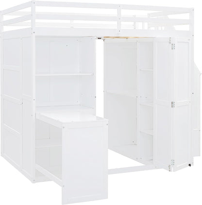 Full Size Loft Bed, Wood Bedframe with Wardrobe, Storage Stairs, Desk and Shelves for Kids Teens Adults Bedroom, White6
