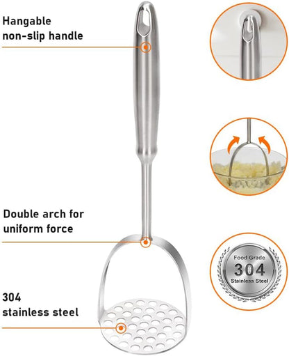Potato Masher, Uncoated Stainless Steel Potato Press, One-Piece | 37-Hole Design, Dual-Arc, 304 Stainless Steel, Lump-Free Mashing, Non-Slip Handle, Dishwasher Safe3