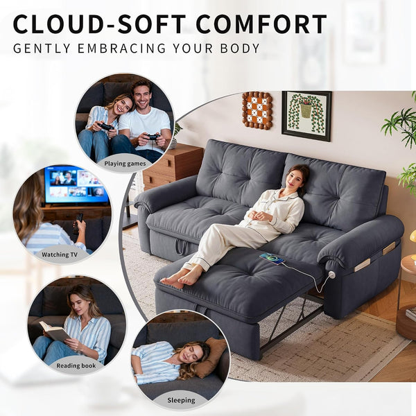 77" Queen Size Sofa Bed, Loveseat Sleeper Sofa with Pull Out Bed, Pockets and USB, Modern 2 Seater Convertible Small Couch for Living Room Bedroom Apartment, Gray8