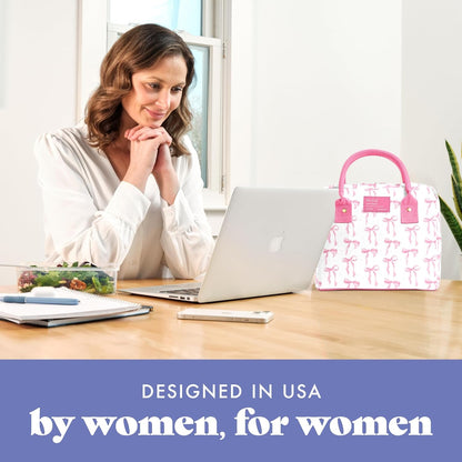 Bloomington Lunch Bag for Women - Insulated Large Lunch Box for Work with Containers, Leak-Resistant, Stain-Resistant, Zipper Closure, Pink Bows6