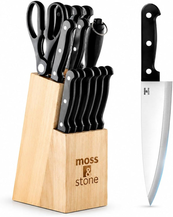 14 Pcs Kitchen Knife Set with Block, Stainless Steel | Premium Forged Kitchen Knives with High-Carbon Sharp Blades, Ergonomic Handle, Rust-Resistant Knife Block Set for Home & Chef1