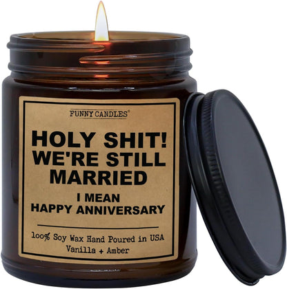 Funny Anniversary Candle Gift for Her, Him - We'Re Still Married -Funny Anniversary Present for Husband, Wife, Couple - Vanilla Sandalwood Scented Soy Candle in 9 Oz. Amber Jar, Gift Box Included1