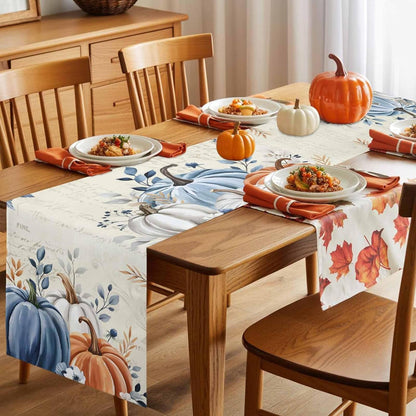 Fall Table Runner 13X48 Inches Long Blue Pumpkin Table Runners Floral Leaves Cotton Linen Autumn Harvest Dresser Scarf Kitchen Dining Table Decor for Thanksgiving Holiday Party Coffee Indoor Outdoor4