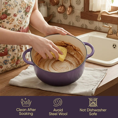 Vintage Style 6 Quart Dutch Oven Pot with Lid, Non Stick Enameled Cast Iron Dutch Oven for Bread Baking, Heavy-Duty, Oven Safe Ceramic Cookware up to 500°F for Baking, Braising, Stews, Roasting, Purple6