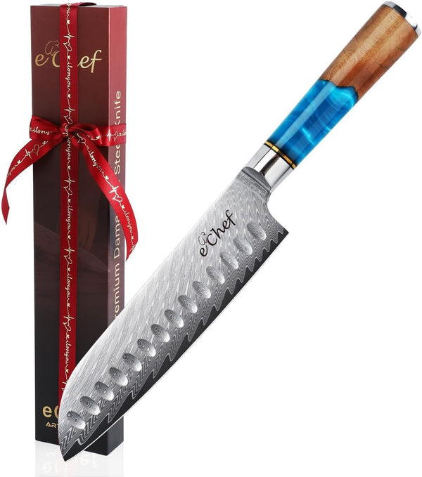 7-Inch Santoku Knife, Professional Damascus VG10 Steel Kitchen Chef Knife, Wood Grain Resin Handle, Comes with Gift Box (7.5-Inch Santoku Knife)1