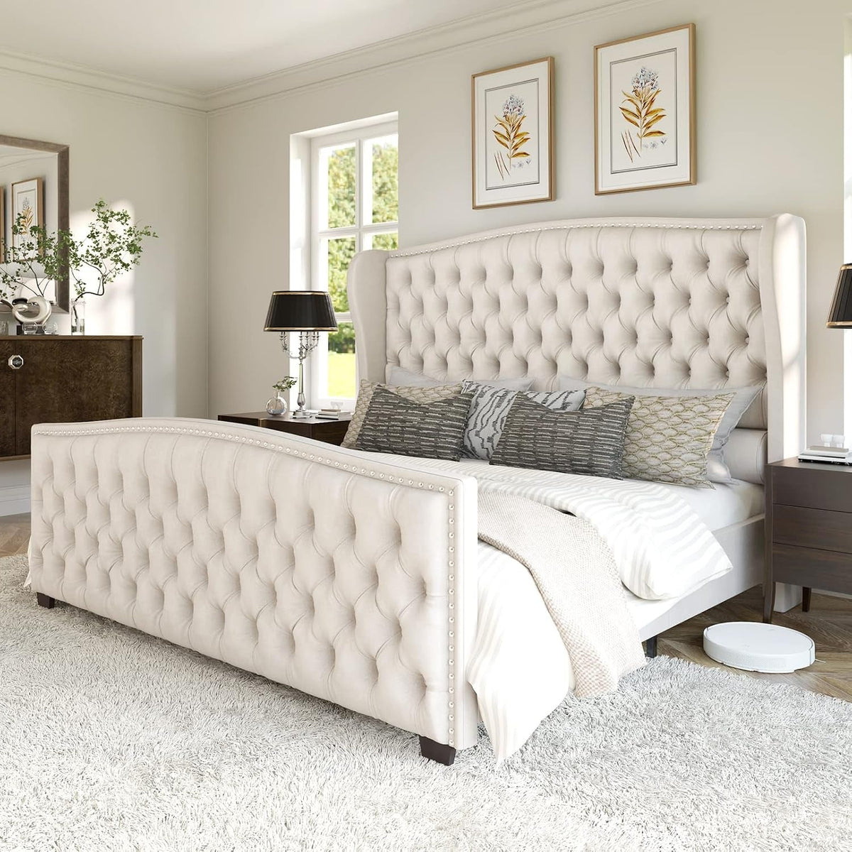 queen-size-bed-frame-with-velvet-upholstered-wingback-headboard