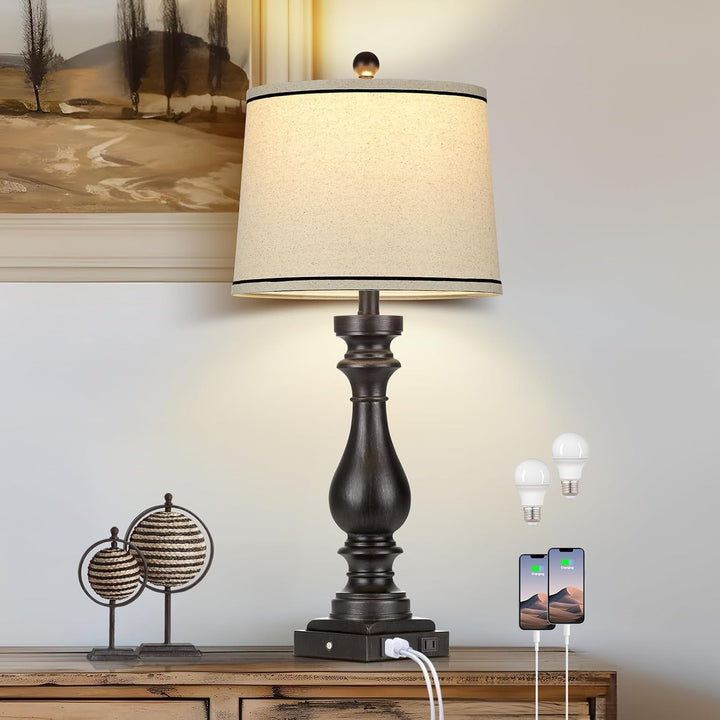 Table Lamps for Living Room,Vintage Bedside Nightstand Bedroom Lamp,Single | USB C+A Ports & AC Outlet,3-Way Dimmable Touch Control,Black,Farmhouse,Retro,29" Tall