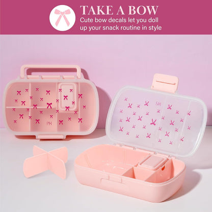 2-Pack Bento Style Snack Boxes, 7-Compartment Lunch Containers with Built-In Phone Stand, Removable Dividers and Dip Containers, Pink Bow Print3