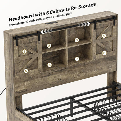 Farmhouse Queen Size Bed with 50" Tall Storage Bookcase Headboard8