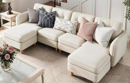 108" U-Shaped Modular Cloud Couch,Deep Seat, Velvet Beige4