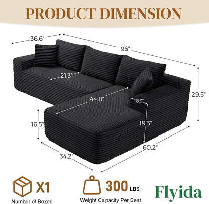 96" Boneless Cloud Sectional Couches for Living Room, Comfy Fluffy L Shaped Memory Foam Deep Seat Boneless Couch, Modular Sectional Sofa with Right Facing Chaise, Black2