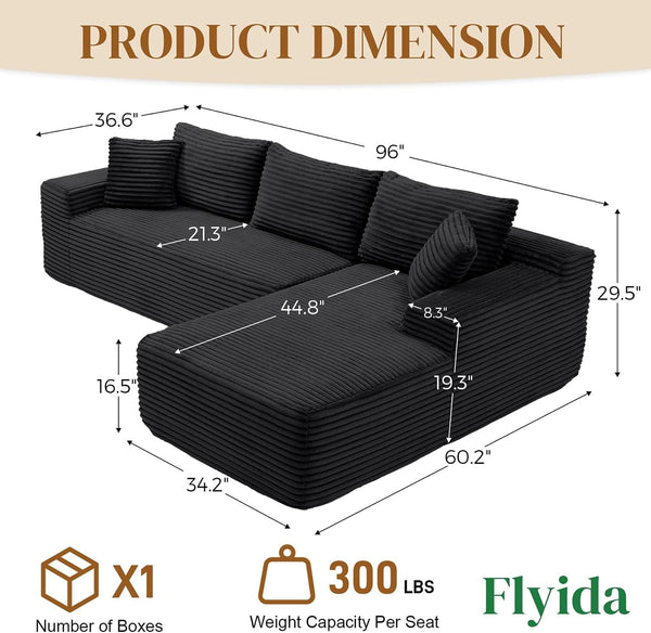 96" Boneless Cloud Sectional Couches for Living Room, Comfy Fluffy L Shaped Memory Foam Deep Seat Boneless Couch, Modular Sectional Sofa with Right Facing Chaise, Black2