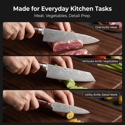3-Piece Kitchen Knife Set, High Carbon Stainless Steel Sharp Knives with Sheaths - 8" Chef, 7.5" Kiritsuke, 5" Utility Knives for Home Cooks, Cooking, Meat & Vegetables7