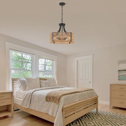 Farmhouse Chandeliers for Dining Room, 5-Light 17.7”Rattan Light Fixture with Wicker Lampshade Hand Woven Boho Chandelier for Kitchen Island, Living Room, Bedroom(E26 Bulbs Not Included)7