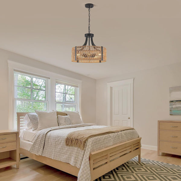 Farmhouse Chandeliers for Dining Room, 5-Light 17.7”Rattan Light Fixture with Wicker Lampshade Hand Woven Boho Chandelier for Kitchen Island, Living Room, Bedroom(E26 Bulbs Not Included)7