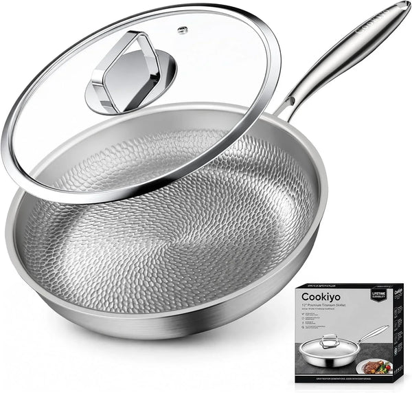 12" Titanium Pans for Cooking with Lid Hammered Chef-Grade Skillet | No Coating & Pfas-Free Healthy Cookware, Durable Non-Toxic Pan, Induction Compatible, Dishwasher & Oven Safe1